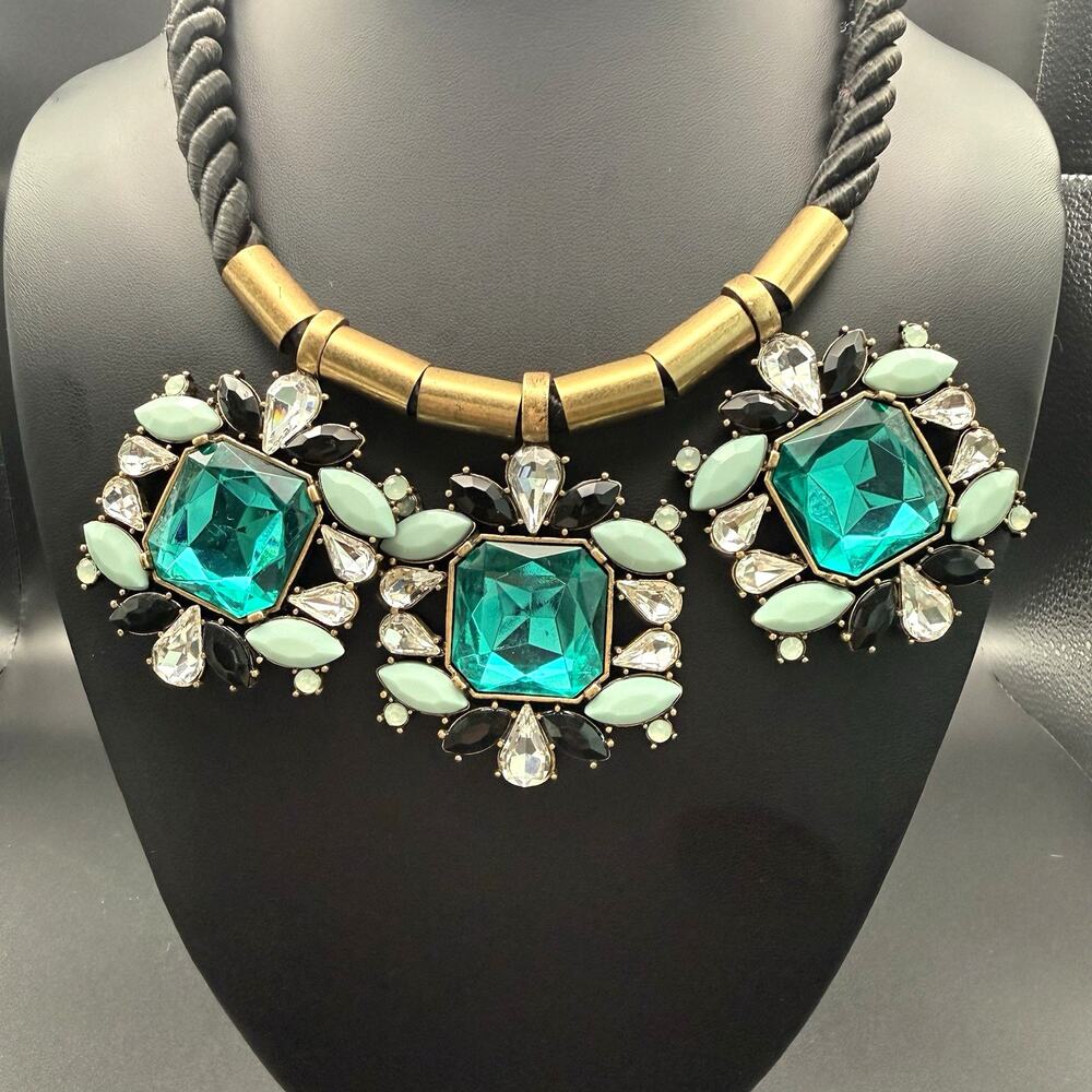 Vtg J. Crew Imperial Collection Green Crystal Statement Necklace Jenna Lyons Era